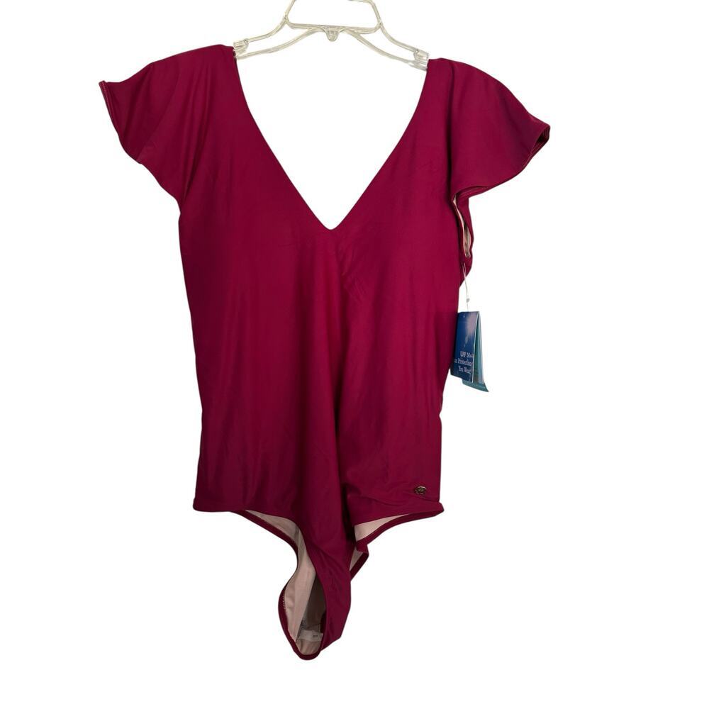 NWT Coolibar One Piece Swimsuit Coconut Grove Flutter Sleeve Purple Size Large